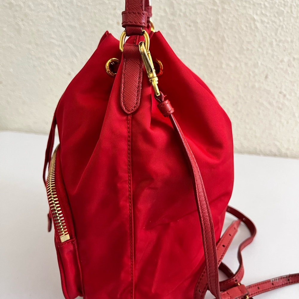Prada Red Nylon Drawstring Crossbody Bucket Bag with Gold Hardware - Picture 14 of 16